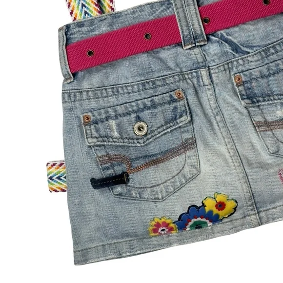 Handmade Upcycled Denim Floral Patch Mini Skirt Rainbow Strap Shoulder Bag - Picture 9 of 13